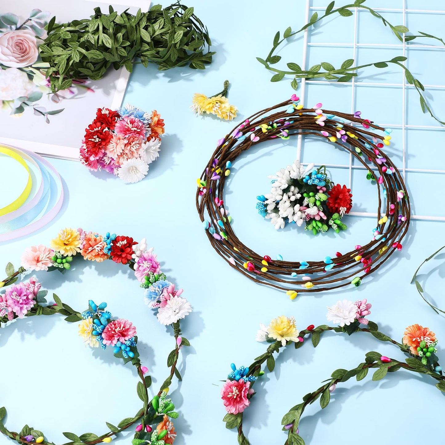 Zeyune 20 Sets Spring Tea Party Favor Flower Crowns Making Kit, Make Your Own Flower Crown Wreath Garland Headbands Craft Kit Handmade DIY Fairy Floral Hair Accessories Gift for Women