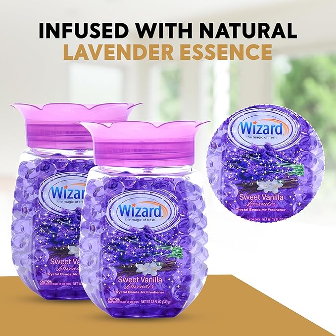12 WIZARD Odor Eliminator Gel Beads - 12 oz, Air Freshners For Bathroom. Rooms, Per Areas and Car Freshner - Sweet Vanilla Lavender