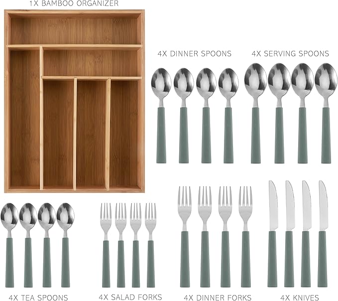 COOK WITH COLOR Bamboo Kitchen Utensil Set with Drawer Organizer | Cooking Tools and Storage Caddy, Sage, 25 Piece Cutlery Set
