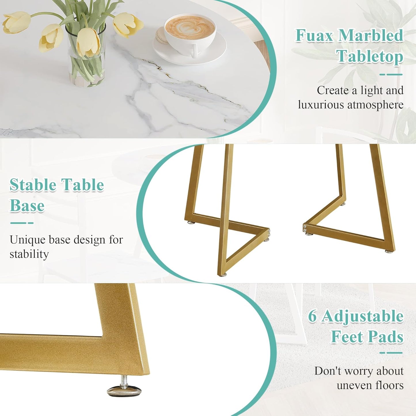 VECELO Small Round Dining Table Set for 2, Wood Tabletop with Strong Metal Frame, Modern Dinette with Chairs for Kitchen, Breakfast Nook Living Room, White & Gold