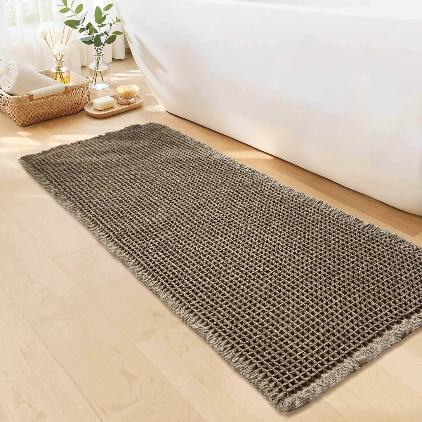 Waffle Runner Bath Mat - Long Boho Bathroom Rugs Non Slip Washable, Super Absorbent & Quick Dry, Soft Bath Mat Farmhouse Bathroom Decor, 24'' x 72'', Olive Green