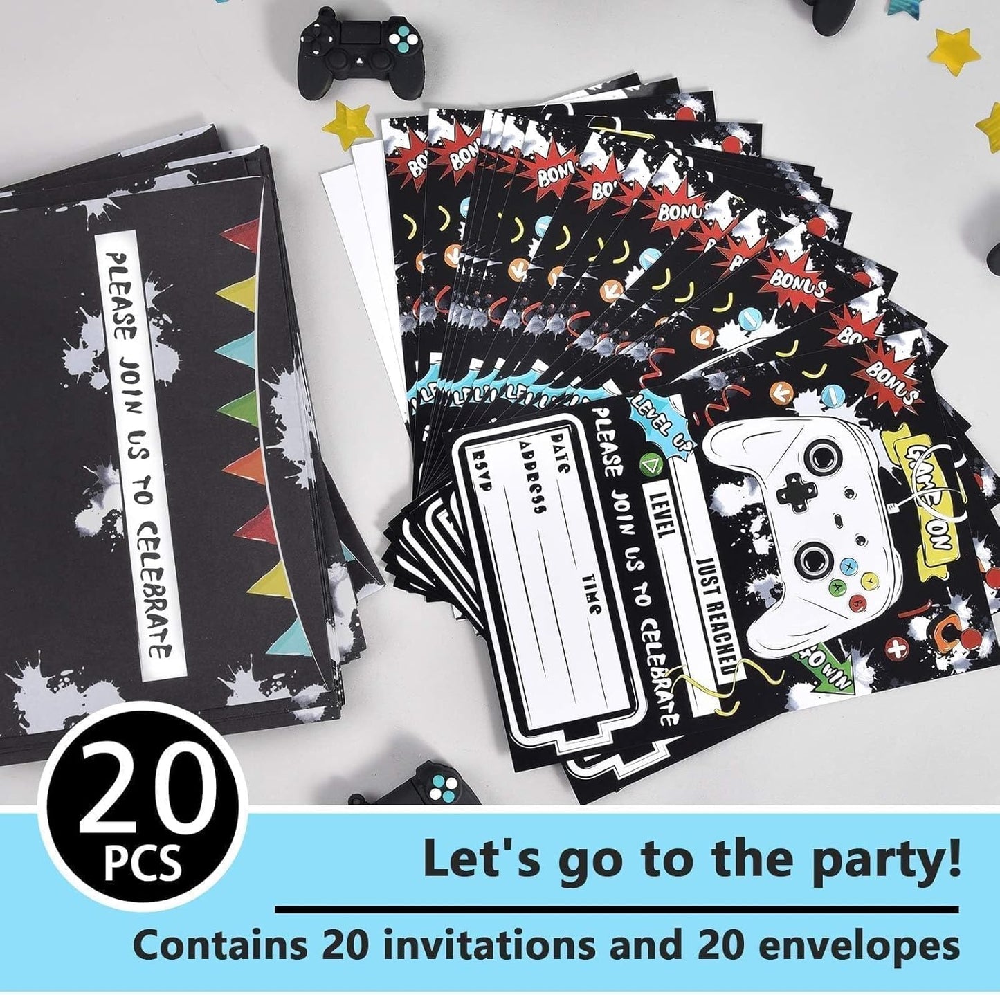 WERNNSAI Watercolor Video Game Party Invites - 20 Set Fill-in Invitations with Envelopes for Boys Game Theme Birthday Party Supplies Double-Sided Printed Invitation Cards