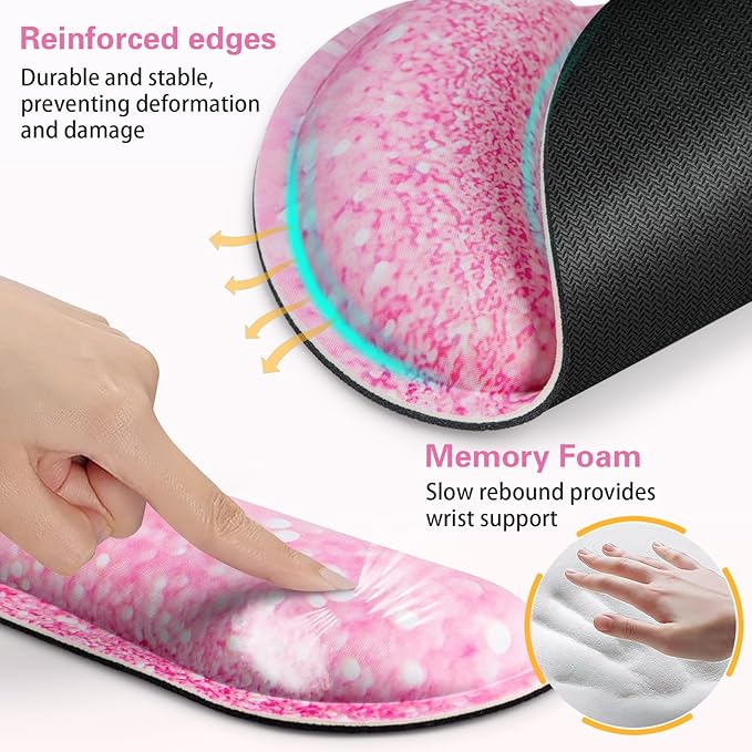 Mouse Pad with Wrist Rest Set Pink, 3-in-1 Wrist Support Mousepad Set,Gaming Mat Pad with Anti-Skid Base,Ergonomic Mouse Pad,Memory Foam Keyboard Gel Wrist Rest