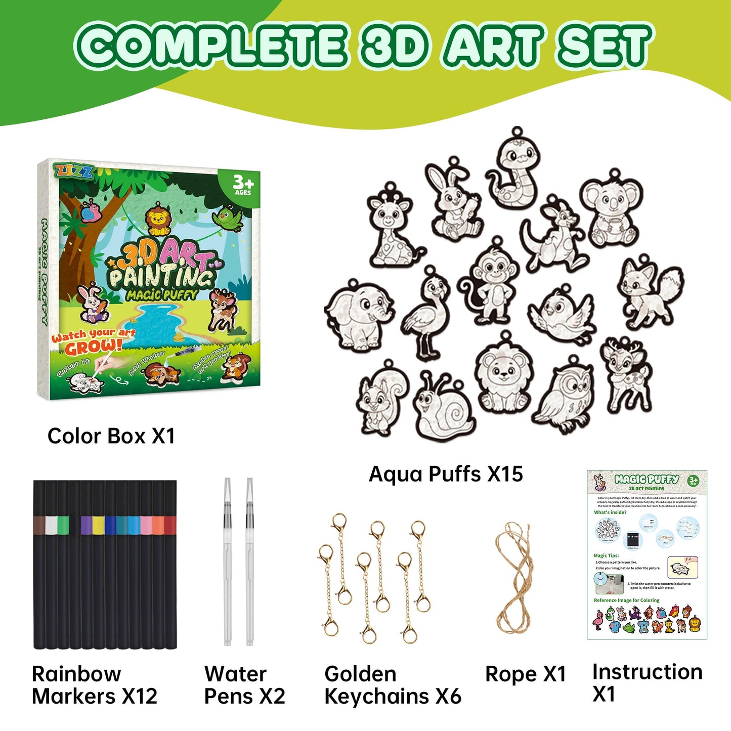 ZIZZ 3D Water Puffs Art Craft Kit for Kids: Magic Foam Texture Aqua Art Painting Kit Gifts for 4 5 6 7 8 9 10 Year Old Girls Boys - Puffy Paint Craft Set Mess-Free Paint by Number Craft for Kids