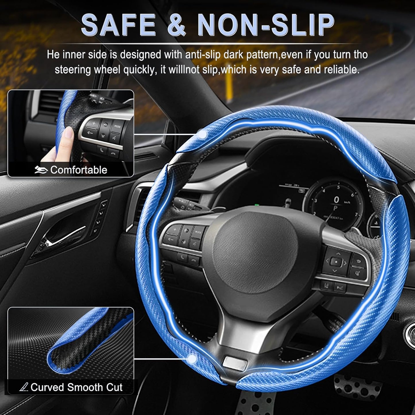 Amiss 3pcs Carbon Fiber Anti-Skid Steering Wheel Cover, Segmented & Butterfly Design, Universal 99% Car Wheel Cover Protector, Blue