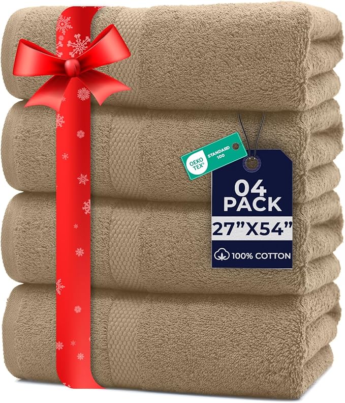 DAN RIVER Bath Towels Set of 4, 27 x 54 Inches, 100% Cotton, Larger & Lighter Weight, Quicker to Dry, Super Soft and Absorbent, Ideal Tan Bath Towels for Daily Use