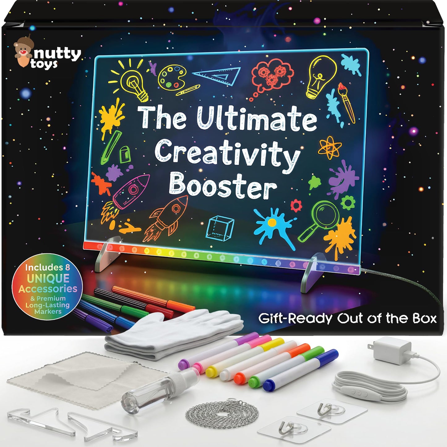 Nutty Toys Magic LED Drawing Board - 10 Light Up Modes - XL 16" Dry Erase Glow Note Doodle Pad - Pens, Adapter & Accessories incl., Top Birthday & Easter Gifts 2026 for Kids, Girls, Boys & Teens