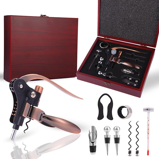Rabbit Wine Opener Set with Wooden Case – 9 Piece Kit Includes Rabbit Corkscrew, Foil Cutter, Wine Pourer, Bottle Stopper, Easy Cork Removal, Great Gift for Wine Lovers, Bronze