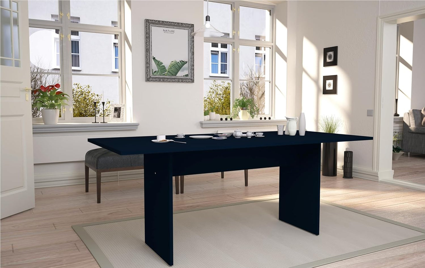 Manhattan Comfort Nomad Dining Table for 4 to 6, Modern Rustic Farmhouse Statement Furniture Piece with Protouch Wood Grain Finish, Sturdy H-Base Pedestal Design, Easy Assembly, 67.91", Midnight Blue