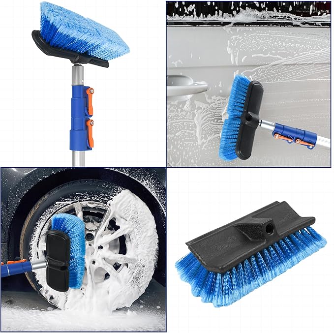 20 FT Exterior House Cleaning Brush Set with 5-12 Foot Telescoping Extension Pole, Soft Scrub Car Wash Brush, Medium Bristle Cleaning Brush and Window Squeegee & Washer