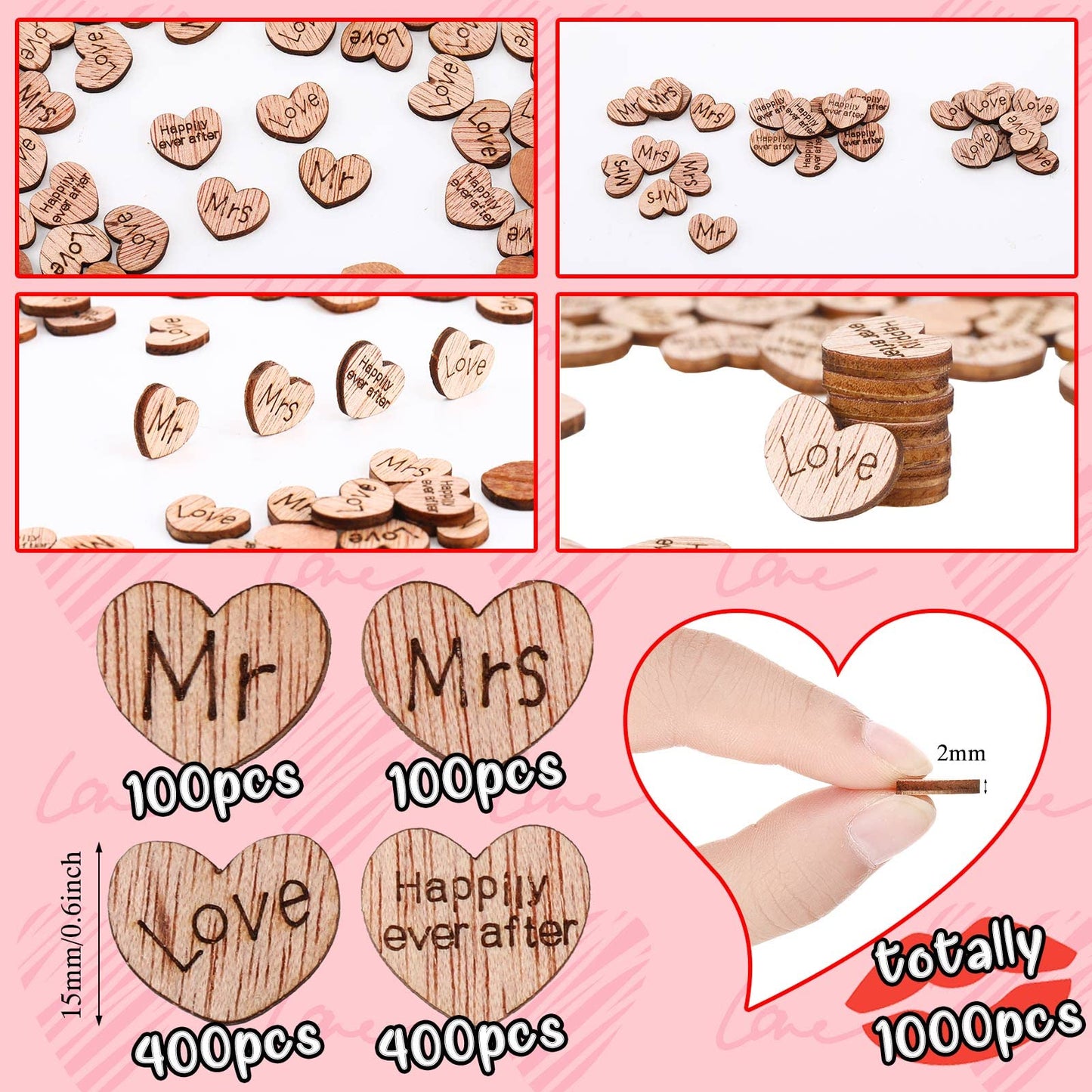 Blulu 1000 Pcs Small Wooden Heart Confetti for Craft Rustic Wedding Table Love Heart Centerpieces Decorations Mr Mrs Love Cake Decoration Gift for DIY Wedding Party Table Cake(Romantic Style)