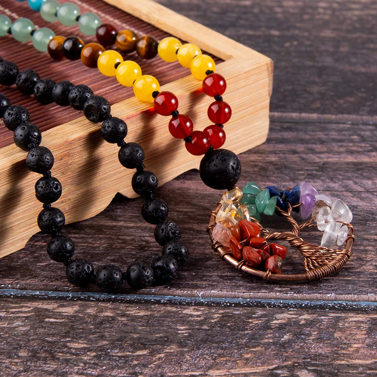 Bivei 108 Mala Beads Necklace Tree of Life 7 Chakra Wrap Bracelet Real Healing Gemstone Yoga Meditation Hand Knotted Mala Prayer Bead Necklace(Lava Rock Stone 6mm)