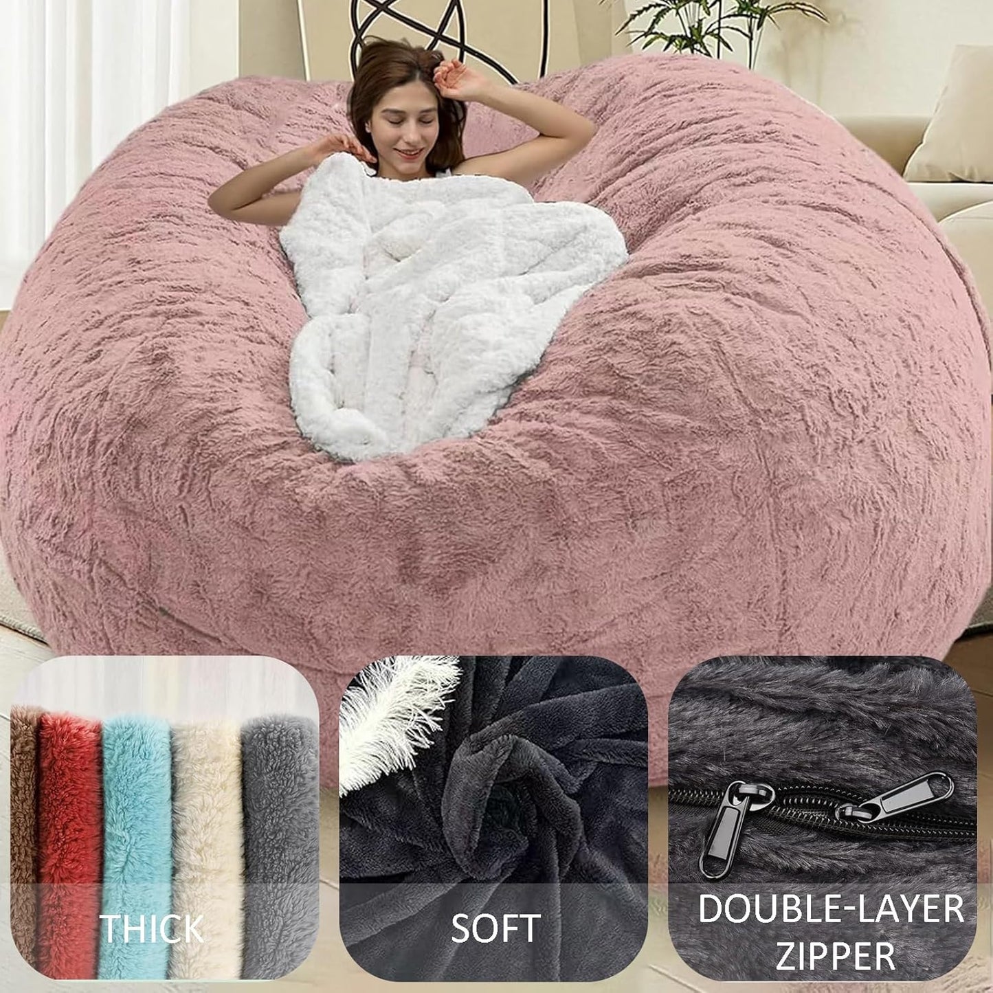 BCU Bean Bag Cover Comfy Beanbag Chair for Adults Without Filler Faux Fur Lazy Sofa Cover for Living Room Chairs, Grey, 3.5FT