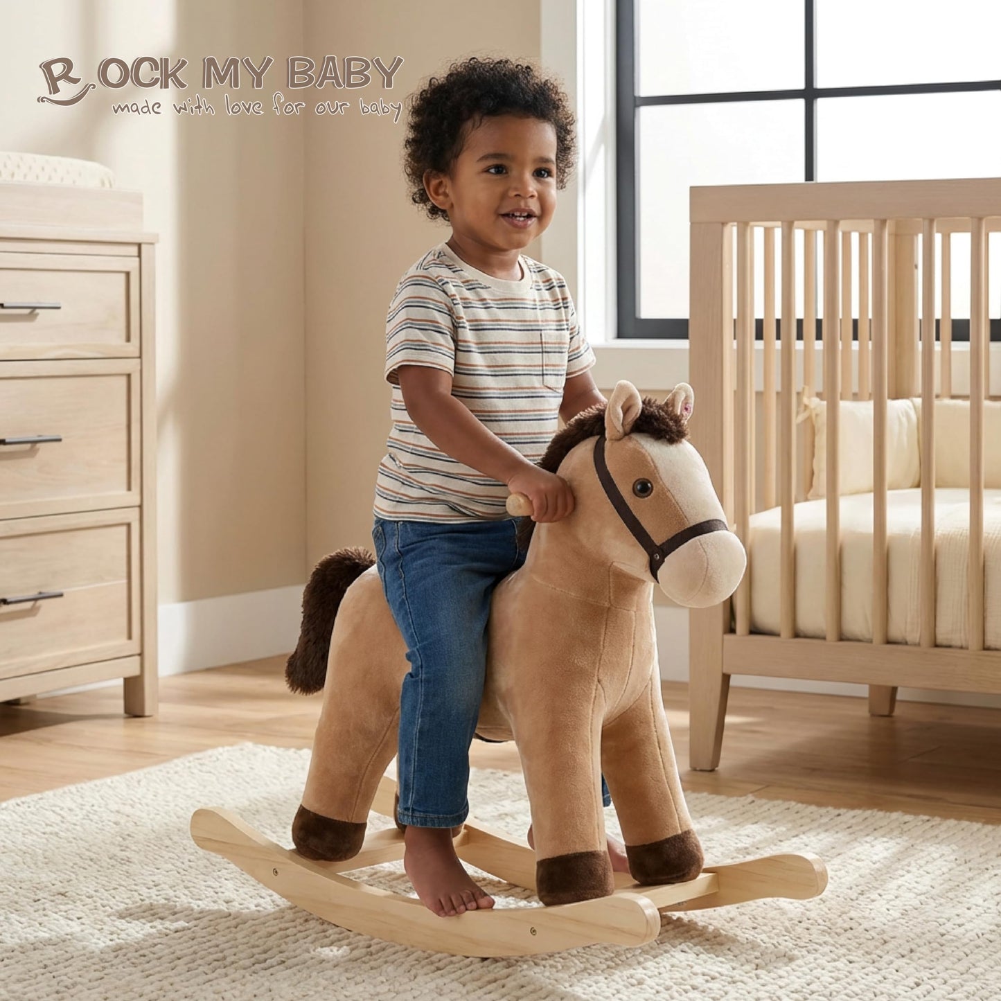 Rock My Baby Rocking Horse, Rocking Animal with Realistic Sound, Stuffed Rocker for Toddlers 18M+, Soft Filling Ride on Pony, Light Brown Horse, CPC Certified