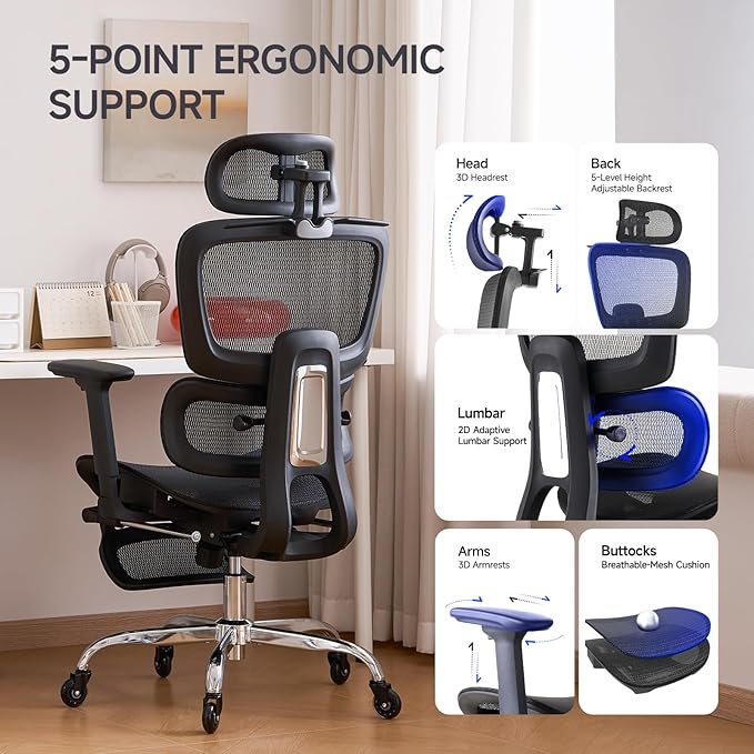 Office Chair with Footrest, Ergonomic Chair with Neck Pillow & Rubber Wheels, Computer Chair with Adjustable Backrest & 3D Armrests Headrest, Gaming Chair Adaptive Lumbar Support, Black