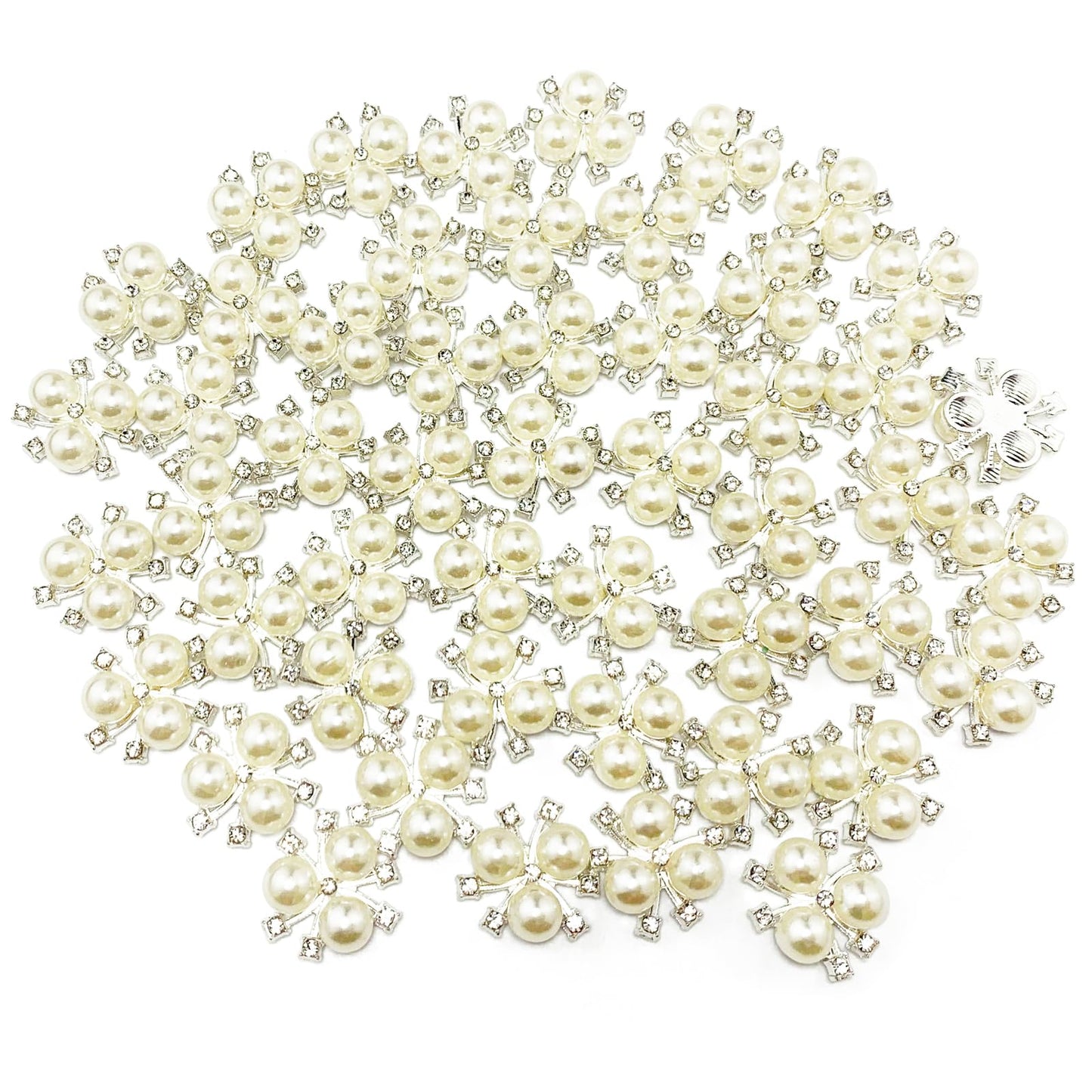 BETITETO 50Pcs Pearl Rhinestone Charms Buttons Embellishments Bulk Flatback for Shoe Decoration Jewelry Making Clothes Brooch Headbands and Wedding Flower Bouquet Crafts DIY (#1 Silver Alloy)