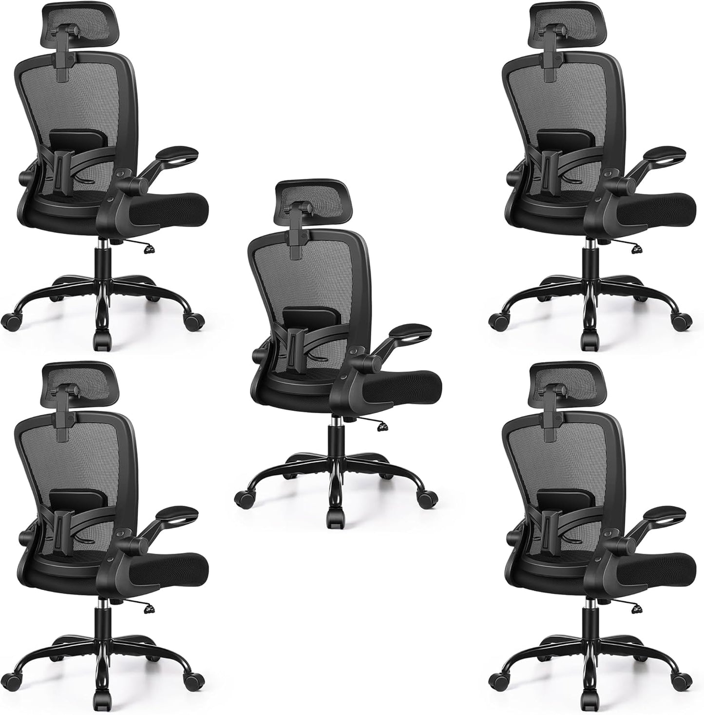 FelixKing Ergonomic Office Chair, Headrest Desk Chair with Adjustable Lumbar Support, Home Office Swivel Task Chair with High Back and Armrest, Adjustable Height Gaming Chair(Black),Pack of 5