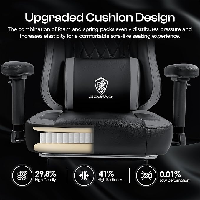 Dowinx Gaming Chair with Pocket Spring Cushion, Massage Gamer Chair Pu Leather with Lumbar Support, Ergonomic Computer Office with Footrest 300lbs for Adult, Black Grey