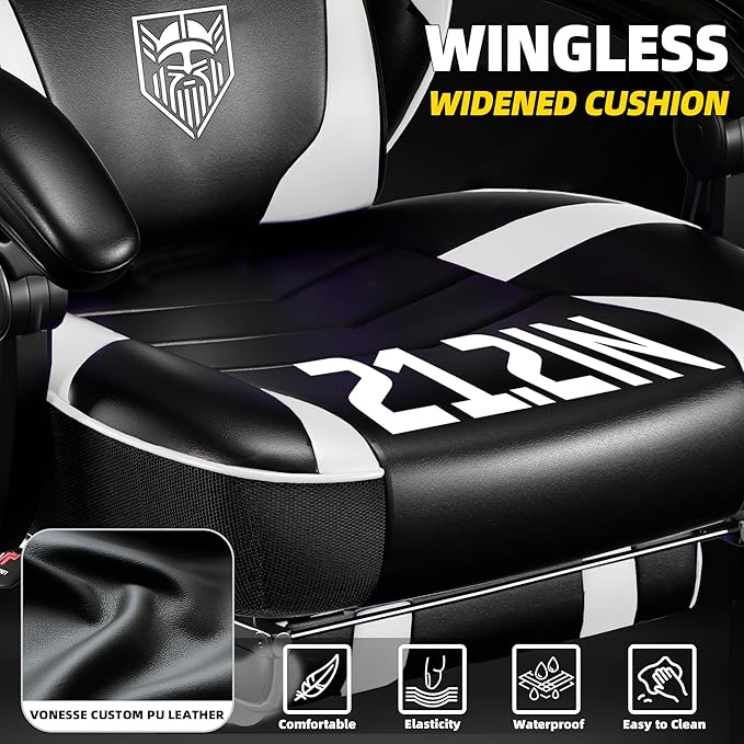 Vonesse Gaming Chair, Big and Tall Gaming Chair with Footrest and Massage, Gaming Chairs for Adults with Lumbar Support, Ergonomic High Back Computer Chair with Pocket Spring Cushion (White/Black)