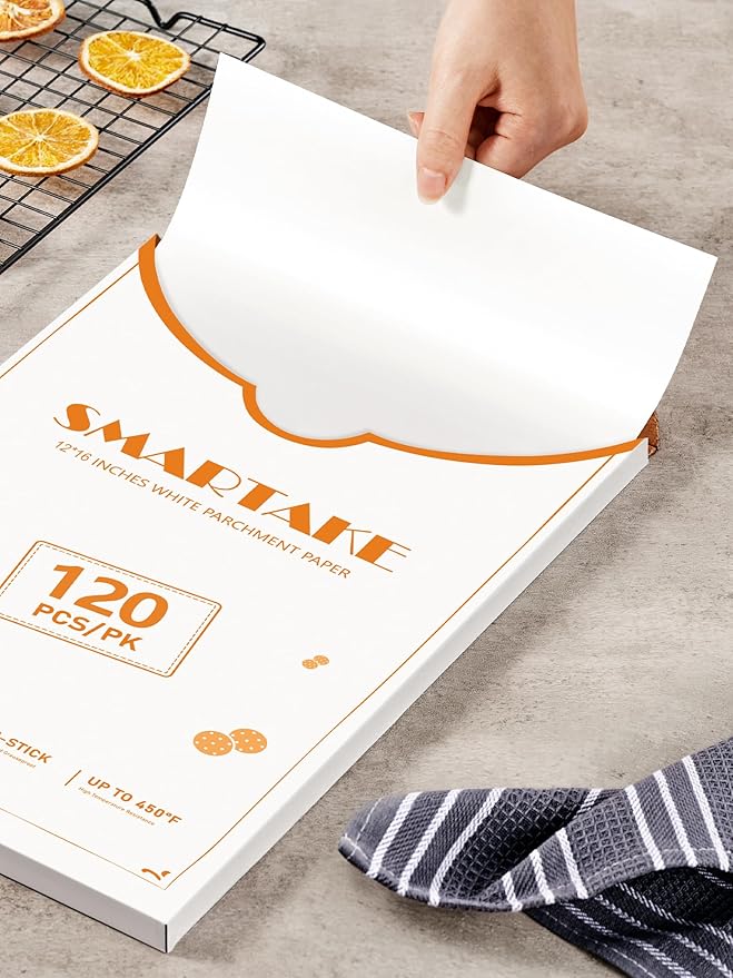 SMARTAKE 120Pcs Parchment Paper Sheets, 12x16 Inch Pre-Cut Parchment Paper for Baking, Non-Stick Baking Paper, Natural Wood Pulp, for Air Fryer Steaming Grilling Rack Oven (White)