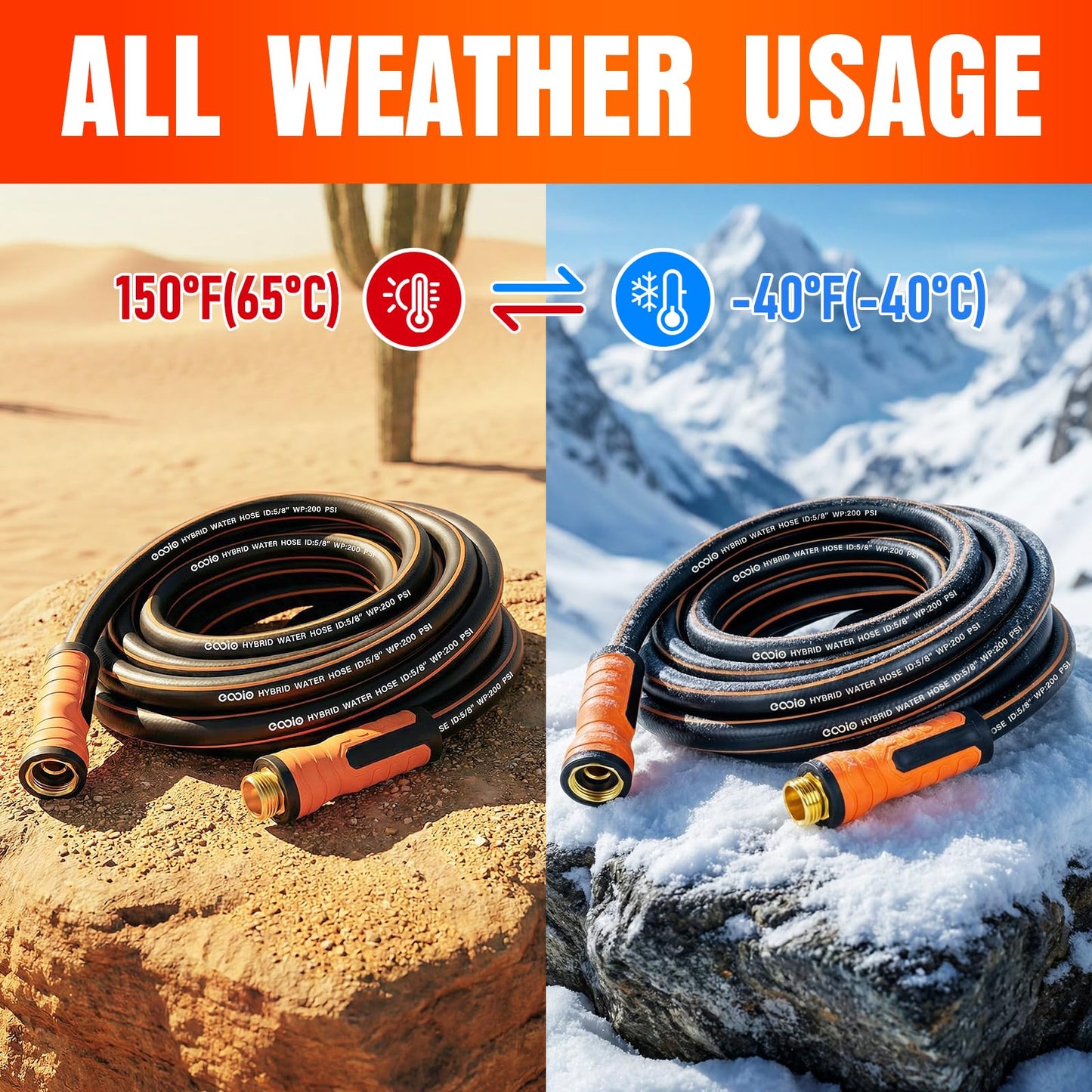 Garden Hose 50 ft x 5/8", Heavy Duty Water Hose, Flexible and Durable, Kink Resistant Lightweight Hybrid Hose, Leakproof Yard Hose with Male to Female Fittings