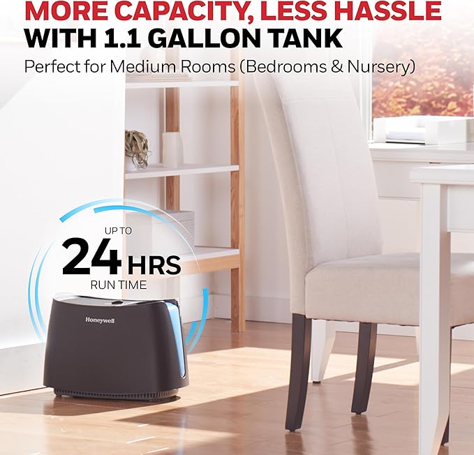 Honeywell Cool Moisture Humidifier For Bedroom, Medium Rooms, 1.1 Gallon, Invisible Moisture Humidifier for Baby, Kids, Quiet, Easy to Clean, UV Technology, Black, HCM350B