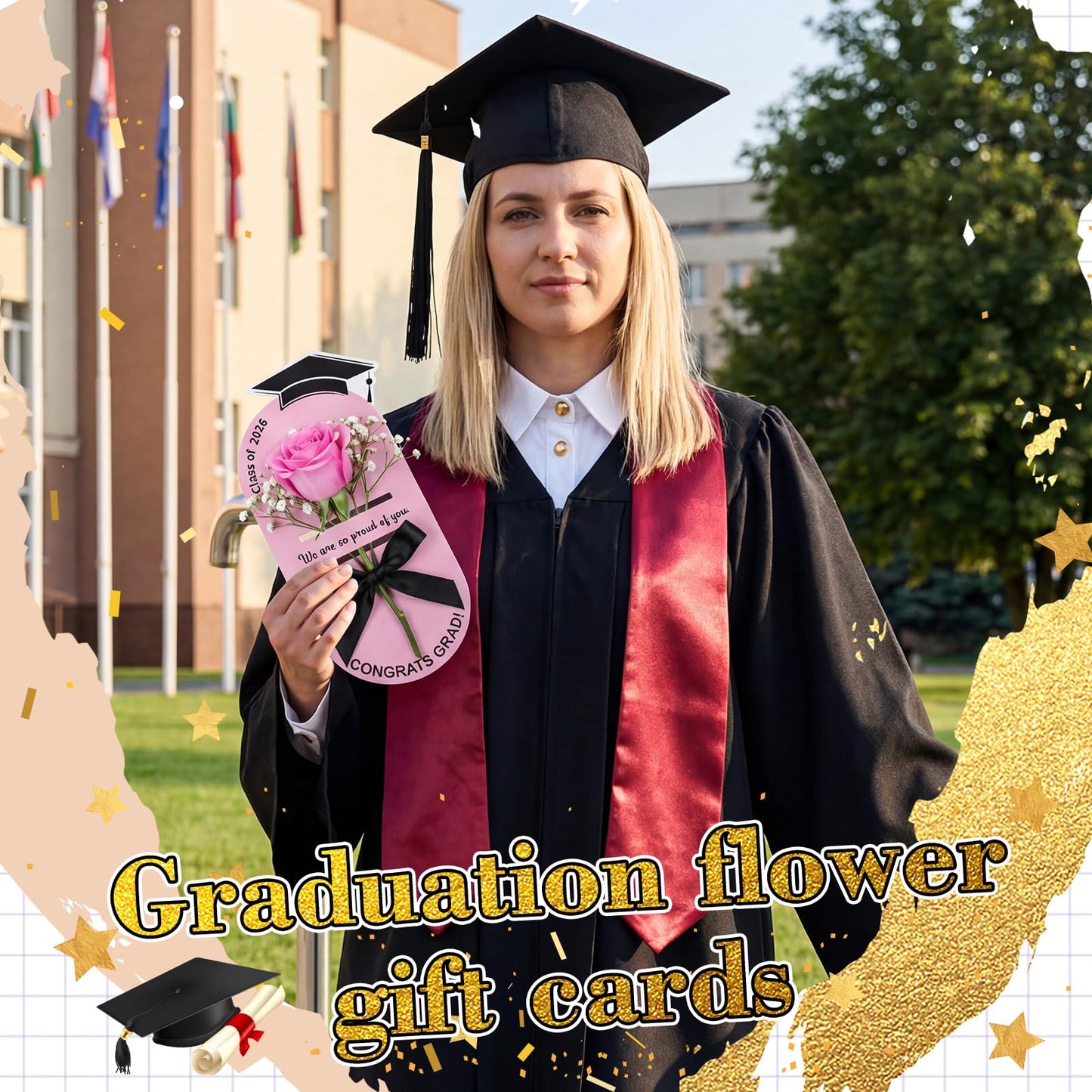 Sabary 24 Pcs Graduation Single Flower Card Sleeve Class of 2026 Fake Rose Sunflower Single Bouquet Flower Holder Wrapping Portable with Ribbon Grad Gift Packaging for College Grad High School(Pink)