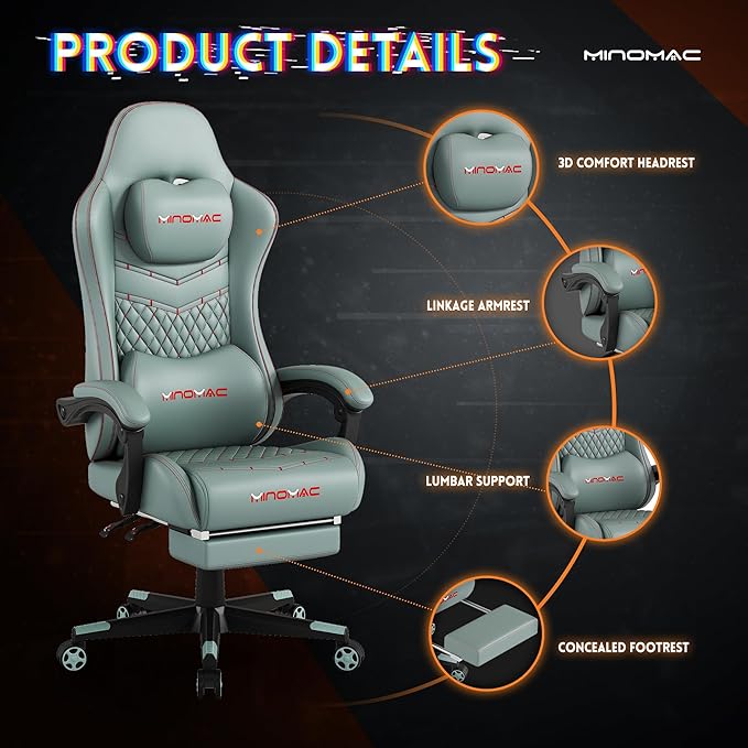 Gaming Chair,Ergonomic Computer Gaming Chair,400lb Load-Bearing,Retractable Footrest/Waist Support/Ergonomic Backrest[Spring + 4D Sponge] (Green)