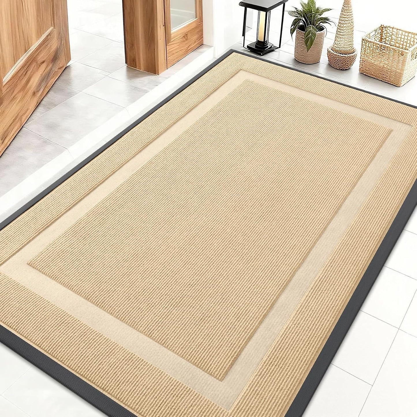 OLANLY Front Door Mat Indoor Outdoor Entrance, Waterproof All-Season, All-Weather Doormat, Sturdy Natural Rubber, Fade Resistant, Low Profile, Easy Clean Patio Porch Entryway Mat, 71x47, Beige