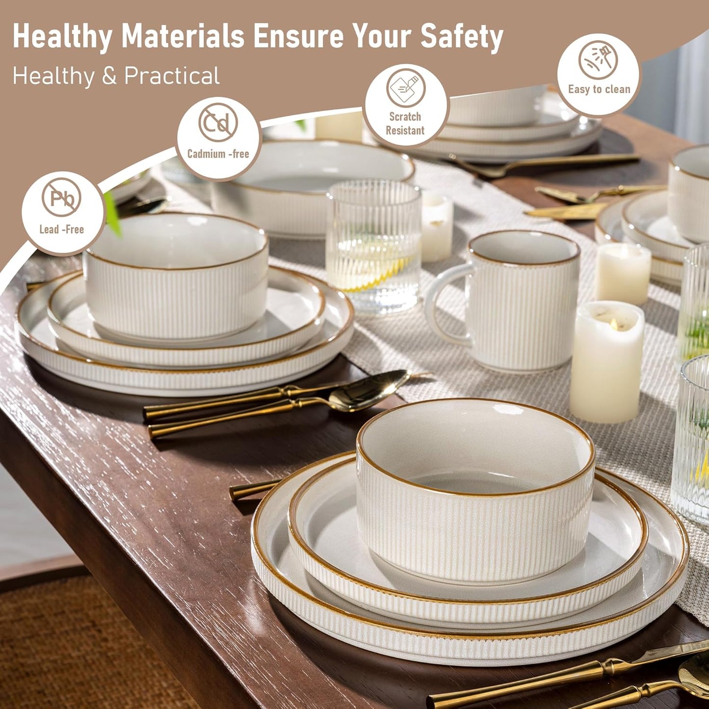 GBHOME Stoneware Dinnerware Sets for 6,Round Reactive Glaze Ceramic Plates and Bowls Set,Highly Scratch Resistant | Dishwasher & Microwave Safe Dishes Set,Service for 6(18Pcs)
