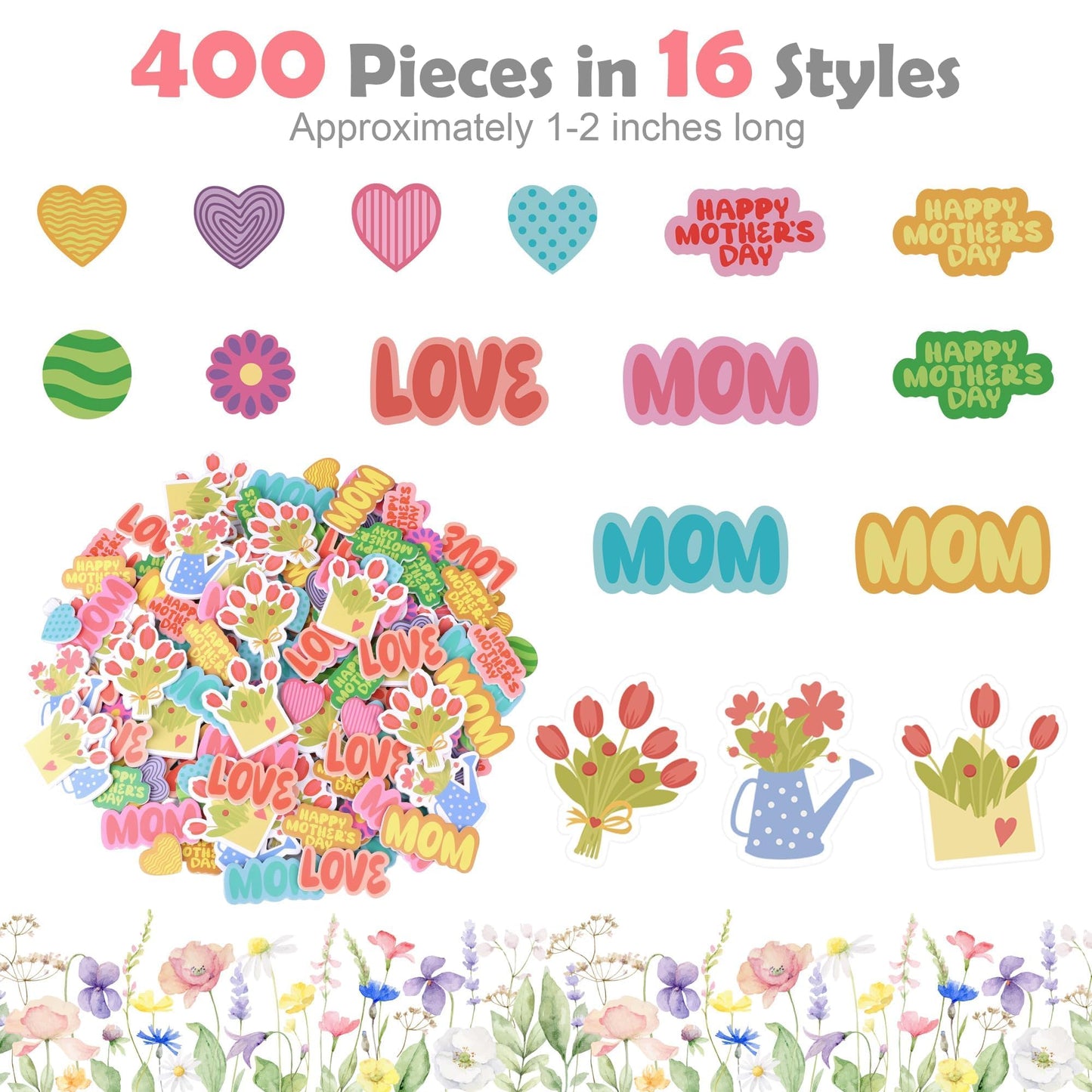 Fovths 400 Pieces Mother's Day Foam Stickers, Hearts Flowers Envelopes Dots Mom Adhesive Craft Stickers, DIY Craft Decorations Party Supplies for Happy Mother’s Day Party Decoration Cards DIY Crafts