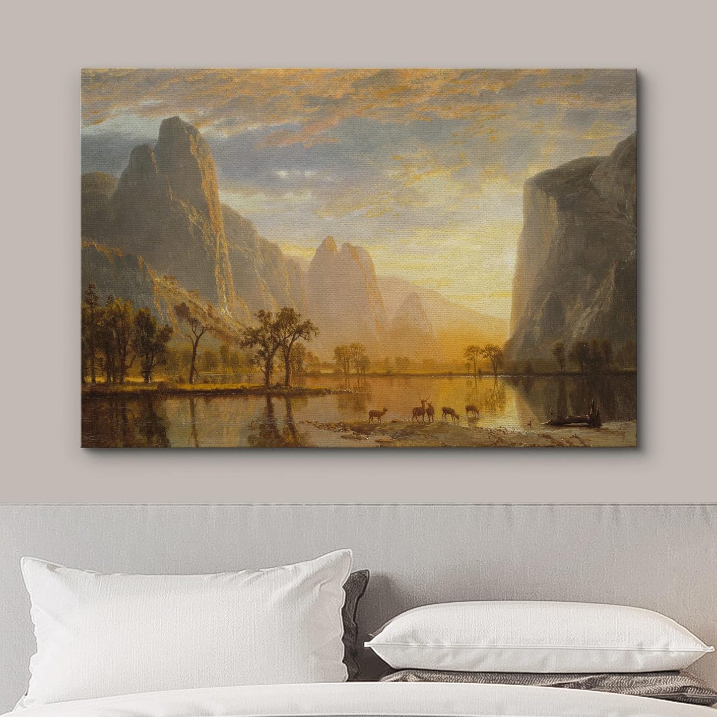 wall26 Canvas Print Wall Art Golden Hour Over Mountain Landscape & Deer Nature Wilderness Illustrations Modern Art Rustic Scenic Colorful Multicolor for Living Room, Bedroom, Office - 32"x48"