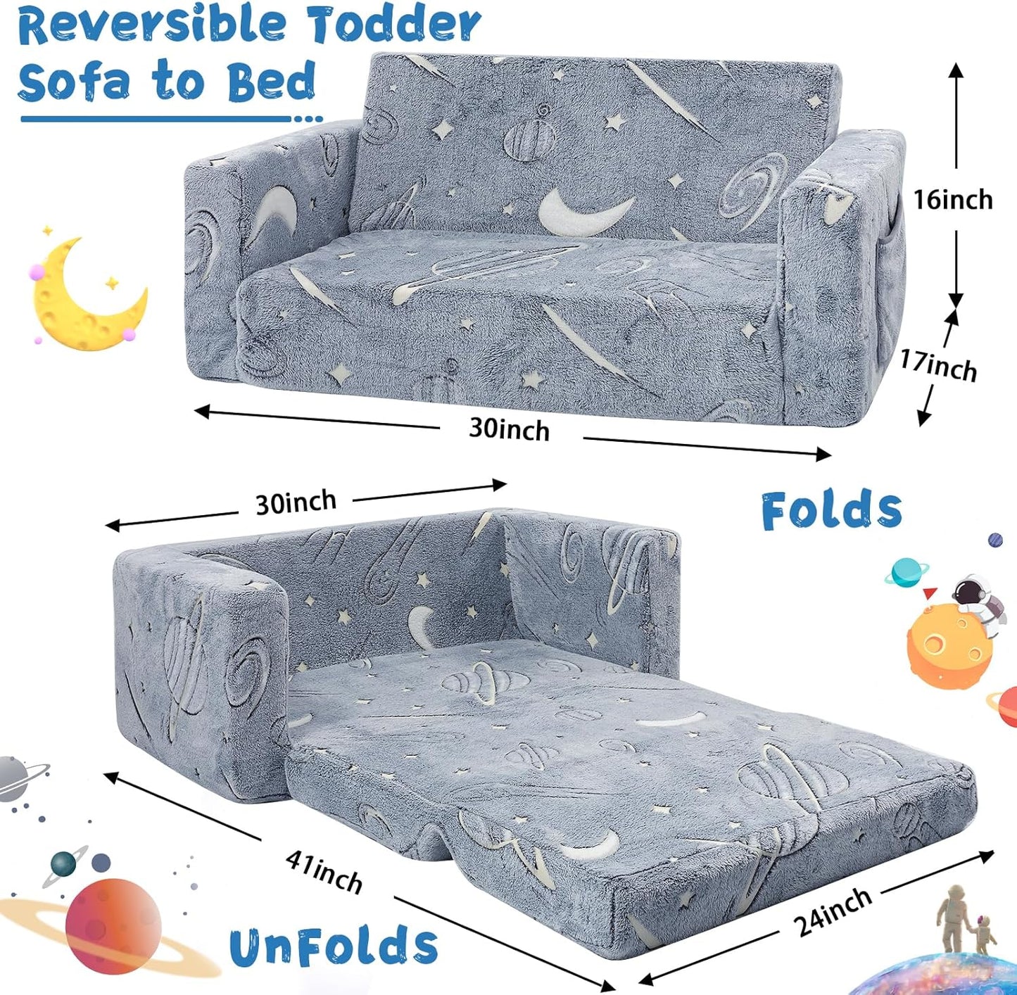 Toddler Couch,Toddler Chair, 2-in-1 Baby Seat Furniture Fold Out, Convertible Sofa to Lounger Soft Comfy Glow in The Dark Kids Sofa Bed Gifts for Kids Girl Boys,Star,Large