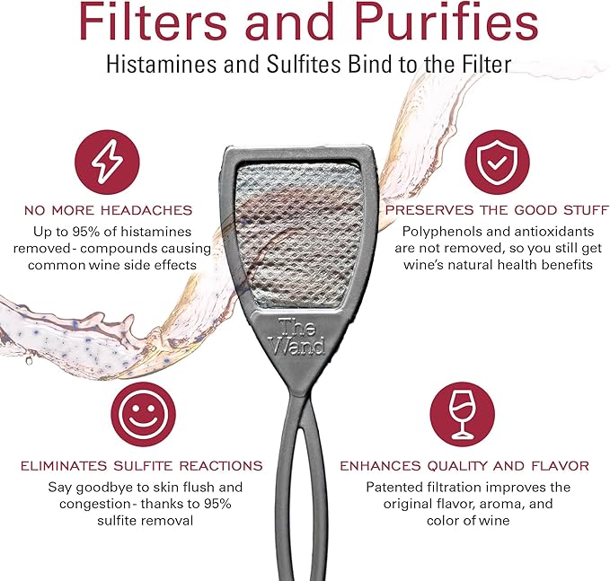 PureWine The Wand Wine Purifier - Red & White Wine Filters for Histamines & Sulfites, Sulfite Remover Sticks, Helps Allergies & Headaches, Gift Accessories for Women & Men - 72 Wands, Silver