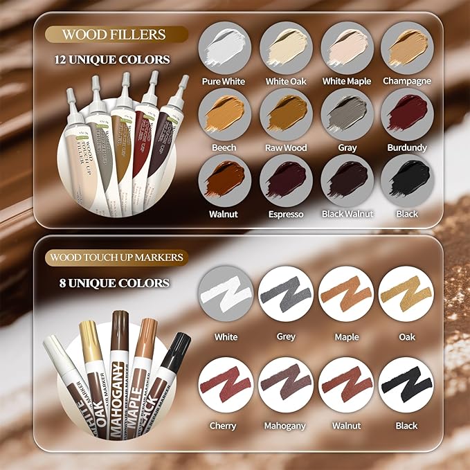 Wood Furniture Repair Kit - Set of 34 - Laminate Floor Repair Kit with Wood Putty, 12 Colors Wood Filler & 8 Colors Furniture Markers and Beewax, Wood Repair Kit for Scratch Cracks Hole Discoloration
