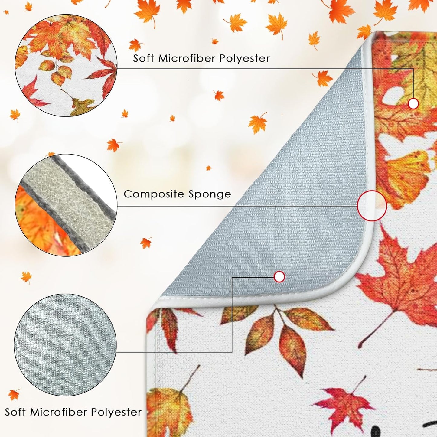 Sanwarm Absorbent Dish Drying Mat, Autumn Fall Leaves Microfiber Pad for Kitchen Counter, Thanksgiving Grateful for Coffee Bar Decor, Heat Resistant and Reversible, 18" x 24"