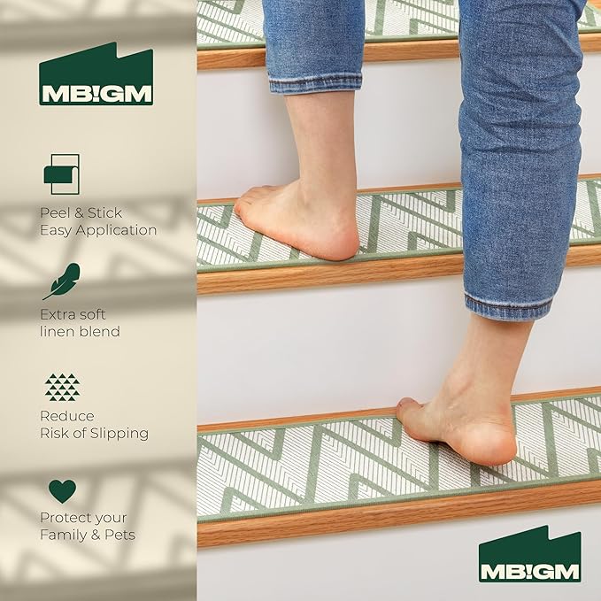 MBIGM 8" X 30" (15 in Pack) Non-Slip Carpet Stair Treads Non-Skid Safety Rug Slip Resistant Indoor Runner for Kids Elders & Pets with Reusable Adhesive - Ripple Green
