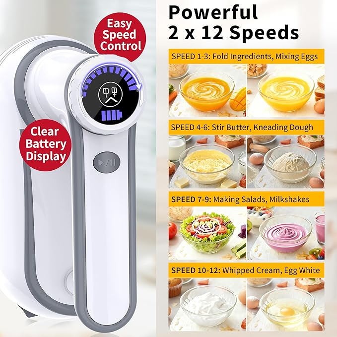 Cordless Hand Mixer, 12-Speed Rechargeable Electric Handheld Mixer with 6 x 304 Stainless Steel Attachments (2 Whisks, 2 Beaters, 2 Dough Hooks) & Storage Case, for Baking, Eggs, Cakes (White)