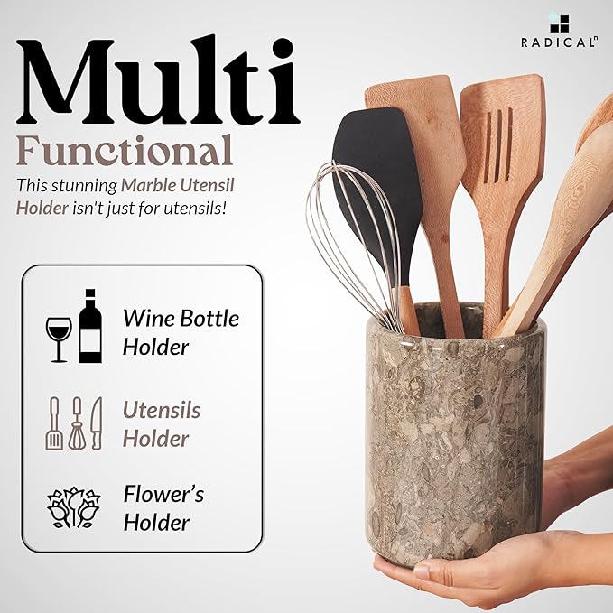 Radicaln Marble Utensil Holder 6.5" Inches Oceanic Handmade Spatula Set for Kitchen Counter, Marble Cooking Utensils Jar & Kitchen Essentials Organizer, Ideal Utensil Caddy, Spoon Holder