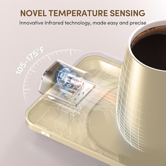 Coffee Mug Warmer Set, ±1°F Precision Temperature Control Smart Heated Mug for Desk, Electric Coffee Warmer with Auto Shut Off & Real-Time Temp Display, Gifts for Men Women, 15oz Ceramic Mug, Beige
