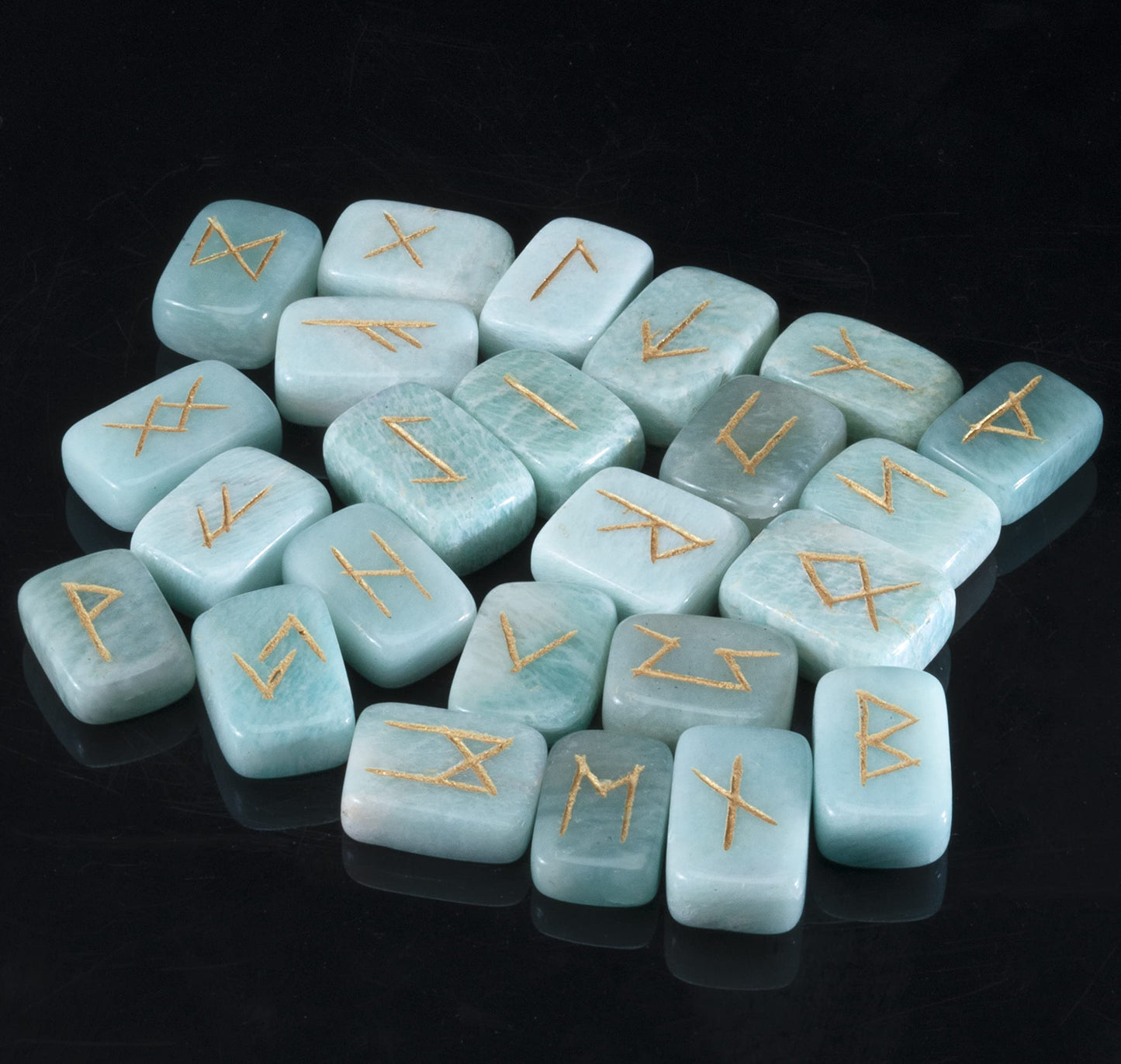 Crocon Amazonite Rectangle Shape Gemstone Runes with Elder Futhark Alphabet Engraved 25 pcs Rune Set Crystal Divination Metaphysical Healing Chakra Reiki Runes Set with a Pouch Size : 20-25mm