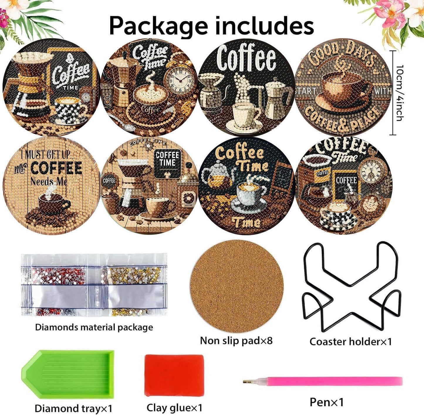 8 Pcs Coffee Diamond Art Coasters Kits, Coffee Diamond Painting Coasters Kit Set with Holder Cork Pads, DIY Diamonds Art Non Slip Coaster Crafts Kits for Adults Beginners Gifts