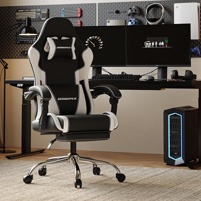 Dowinx Ergonomic Gaming Chair with Footrest, Heavy Duty 330lbs Office Chair, Massage Lumbar Support, Adjustable Height & Headrest Pillow, Comfortable for Back Pain Relief Streaming Long Gaming White