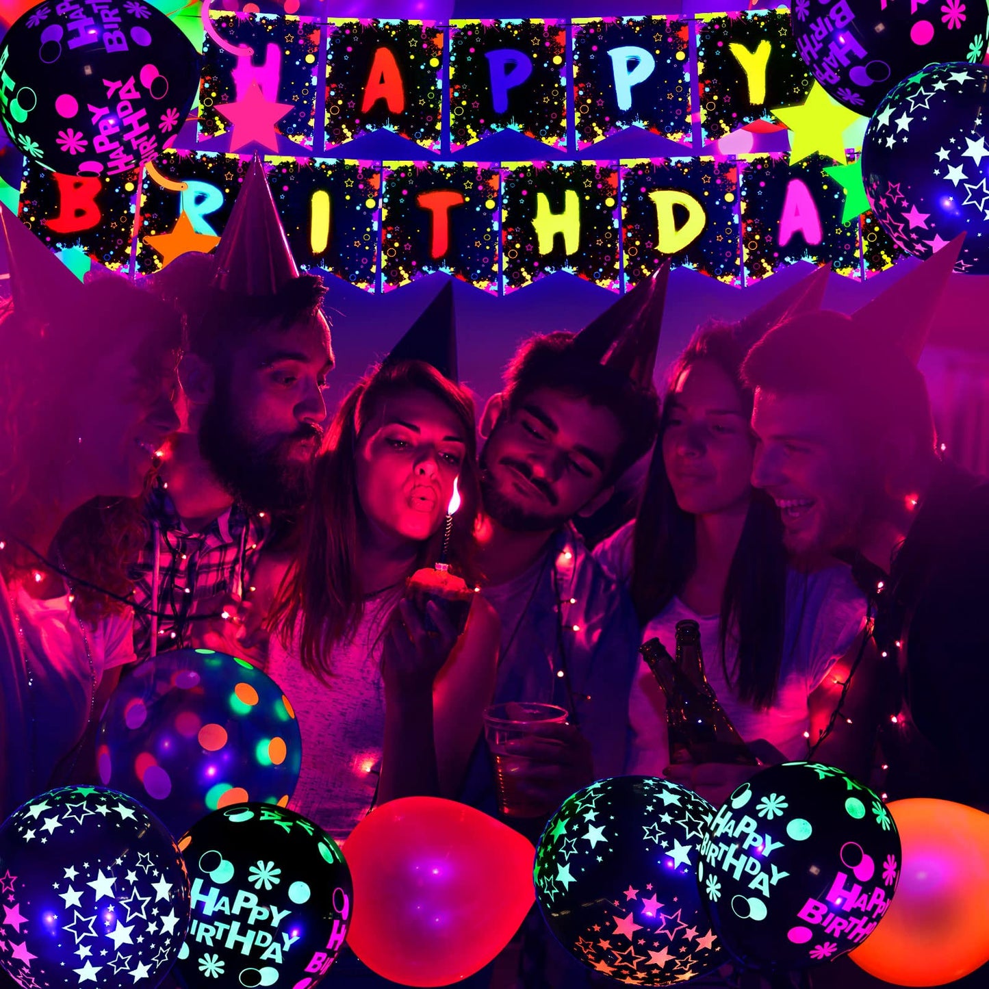 Jetec 71 Pcs Neon Birthday Party Supplies Decorations Include Clear Glow in The Dark Balloons, UV Neon Balloons, Star Hanging Swirls, Rave Theme Birthday Decor Banner Accessories Supplies