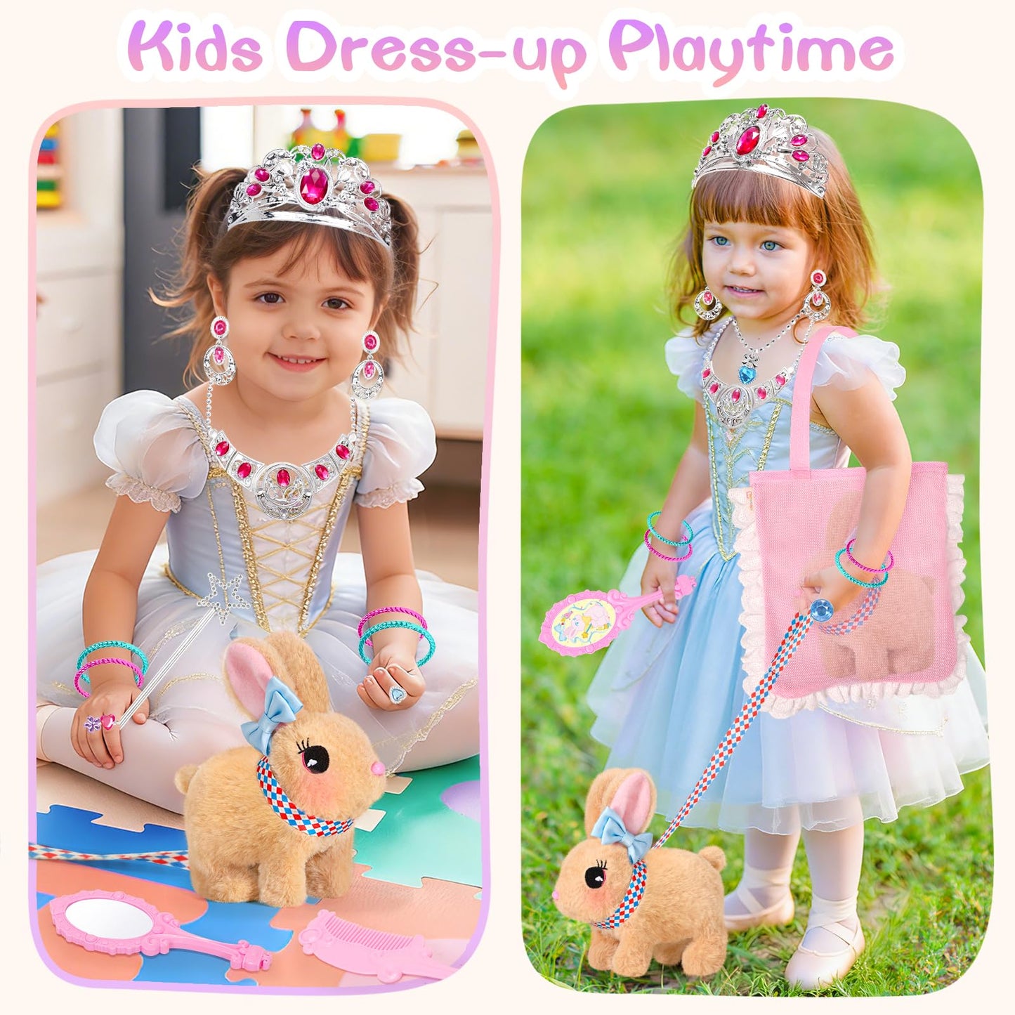 CatchCute Plush Toys Interactive Realistic Walking Bunny Toy Set with Leash and Mesh Storage Bag,Stuffed Bunny with Princess Jewelry Accessories,Perfect Thanksgiving Birthday Gifts for Kids