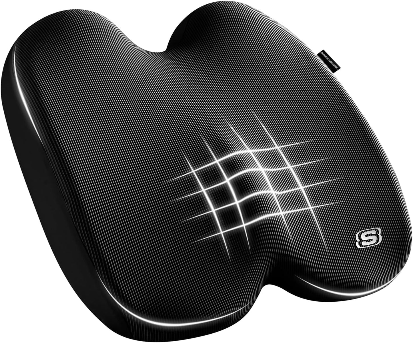 Skechers Memory Foam Seat Cushion,Ribbed Fabric Office Chair Cushion for Tailbone Pain Relief,Butt Pillow for Office Chair,Car Seat Cushion,Long Sitting Office Workers,and Car Drivers,Black