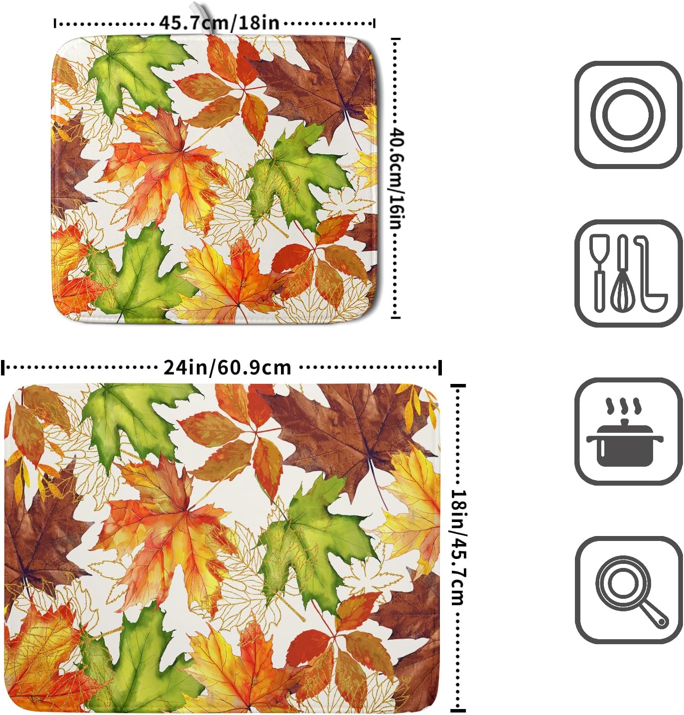 Fall Leaf Dish Drying Mat for Kitchen Counter 18x24 Inch Autumn Harvest Thanksgiving Maple Leaves Absorbent Reversible Microfiber Dish Drainer Rack Mats Countertops Protector Mat
