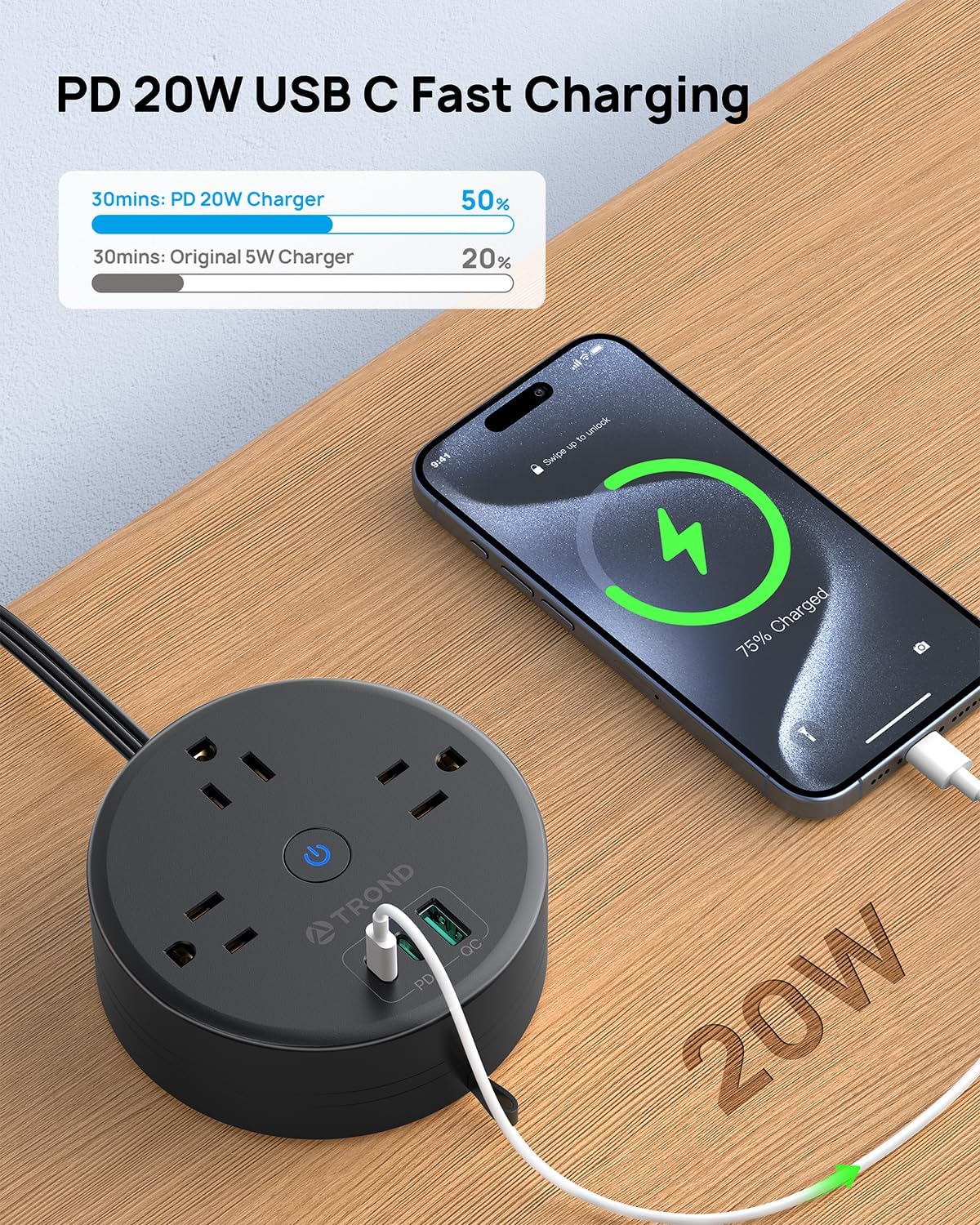 TROND 20W USB C Travel Power Strip - Retractable Extension Cord 5ft Ultra Thin Flat Plug, Power Strip with 3 AC Outlets and USB C Fast Charging, Cruise Ship Essentials, for Home Hotel Dorm Room, Black