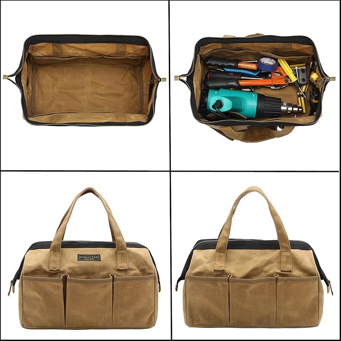 Tool Bag, 13-inch Heavy Duty Wide Mouth Water-Resistant Waxed Canvas Zipper Bag, Tool Tote with Handle for Tools, Wrenches, Screwdrivers (13 X 7.8 X 9 inch) | Khaki