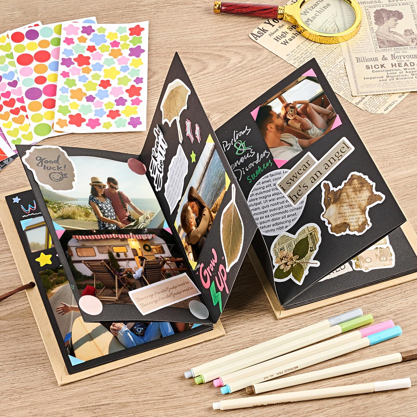 Mauproy 6 x 8 Inch Small Scrapbook Album with Black Pages, Stretchable Folding Photo Album with DIY Accessories Kit, Hardcover Memory Book Accordion Adventure Scrapbook